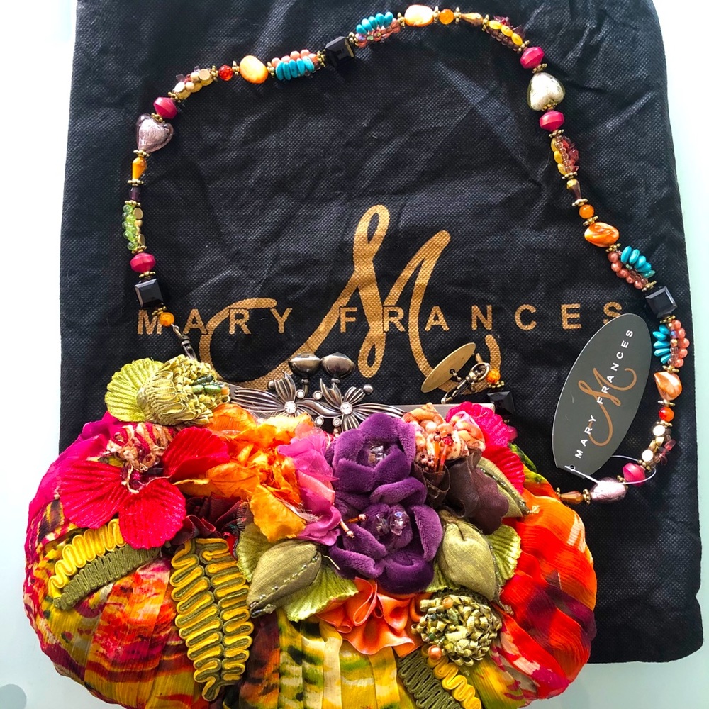 NWT Mary Frances colorful silk, beaded clutch